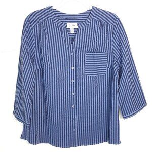 Denim&Co. Seersucker Blue Striped Convertible Sleeves Button Up Top L